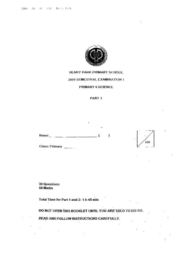 Henry Park P6 Sci WA2 2009 exam paper PDF preview