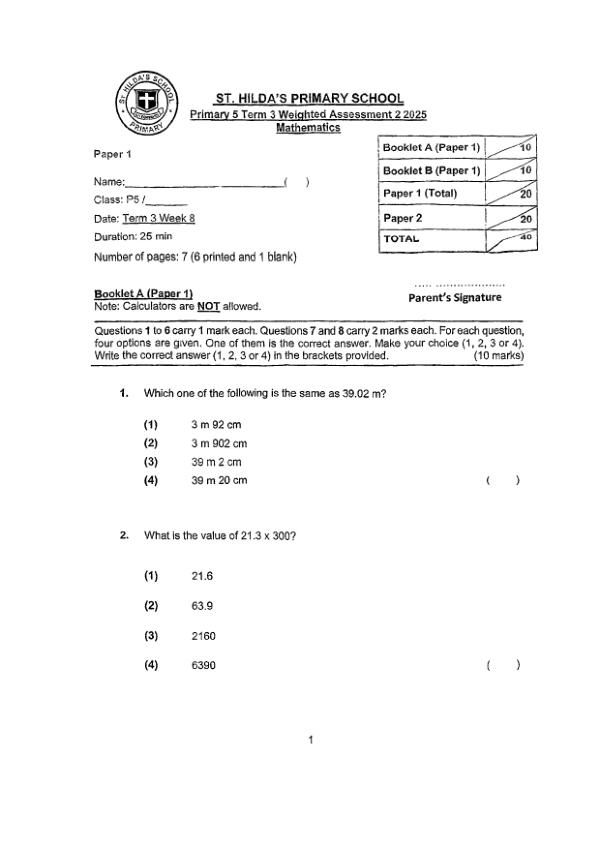 First page preview of P5 Math 2025 WA2 — St Hildas