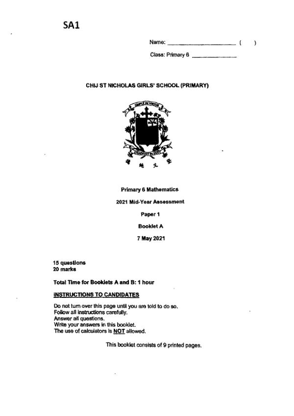 First page preview of P6 Math 2021 WA2 — CHIJ