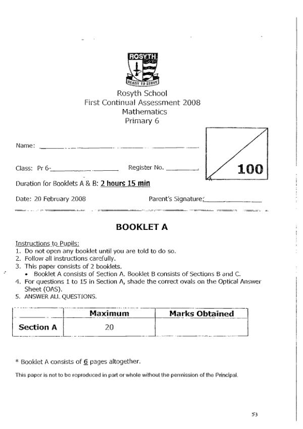 Rosyth P6 Math WA1 2009 exam paper PDF first page preview