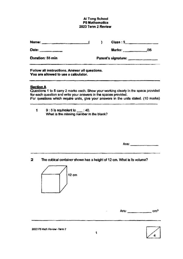 First page preview of P5 Math 2023 WA2 — Ai Tong