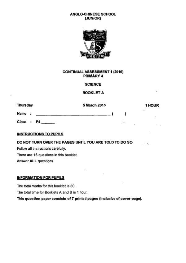 Anglo Chinese P4 Sci WA1 2015 exam paper PDF preview