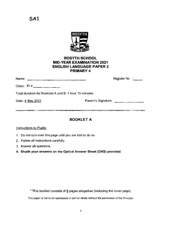 Rosyth P4 Eng WA2 2021 exam paper PDF first page preview
