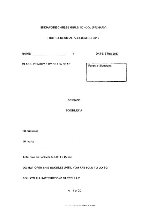 Singapore Chinese Girls P5 Sci WA2 2017 exam paper PDF first page preview