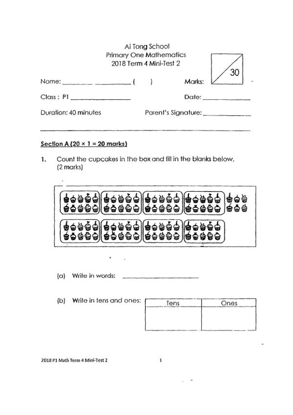 First page preview of P1 Math 2018 SA2 — Ai Tong