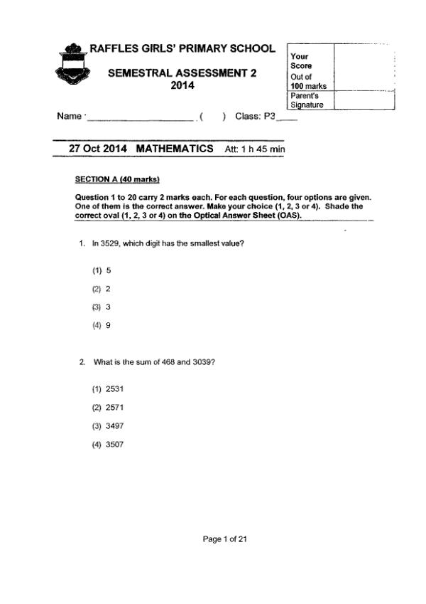 Raffles Girls P3 Math SA2 2014 exam paper PDF first page preview