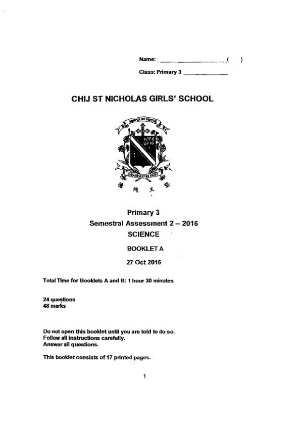 CHIJ P3 Sci SA2 2016 exam paper PDF first page preview
