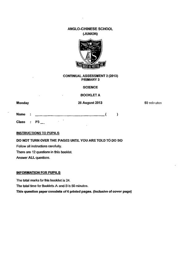 Anglo Chinese P3 Sci WA3 2013 exam paper PDF preview