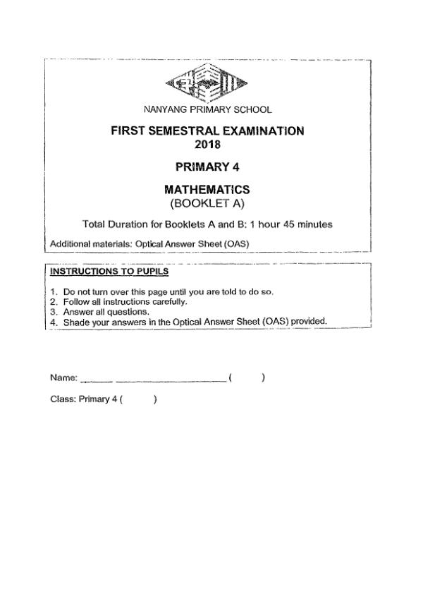 First page preview of P4 Math 2018 WA2 — Nanyang