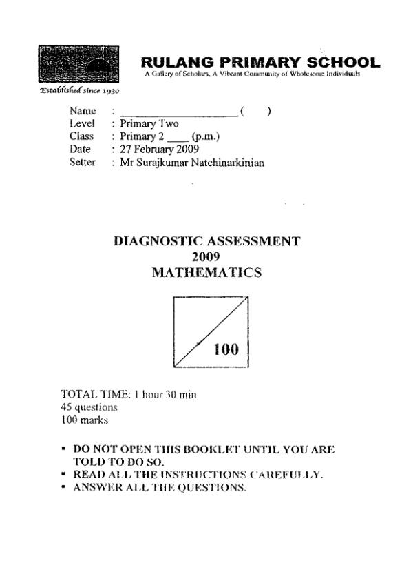 Rulang P2 Math WA1 2009 exam paper PDF preview