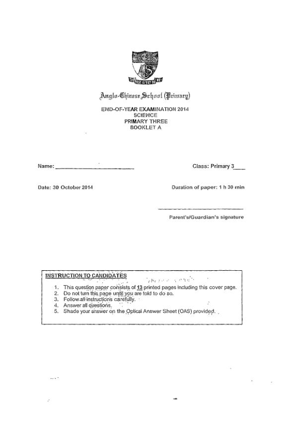 Anglo Chinese P3 Sci SA2 2014 exam paper PDF first page preview