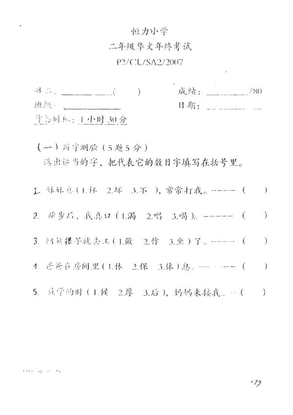 Henry Park P2 Chi SA2 2007 exam paper PDF preview