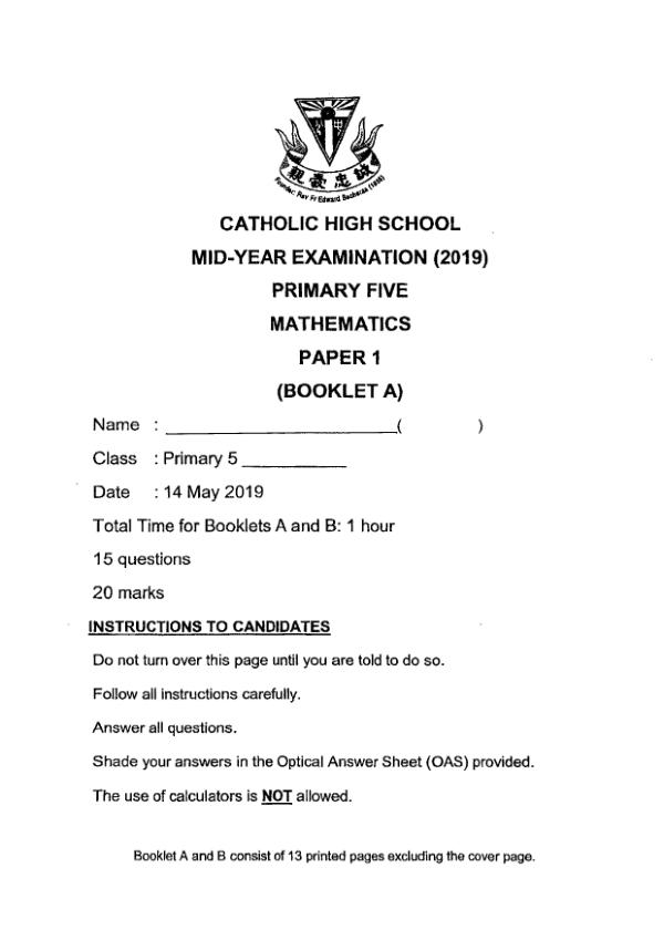 First page preview of P5 Math 2019 WA2 — Catholic High