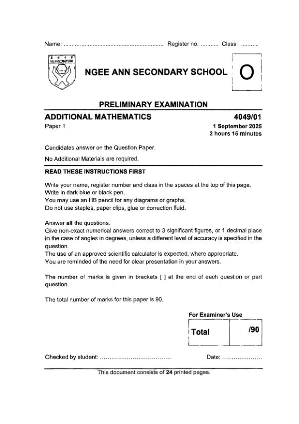 Ngee Ann Sec4 A_Maths Prelim 2025 exam paper PDF preview