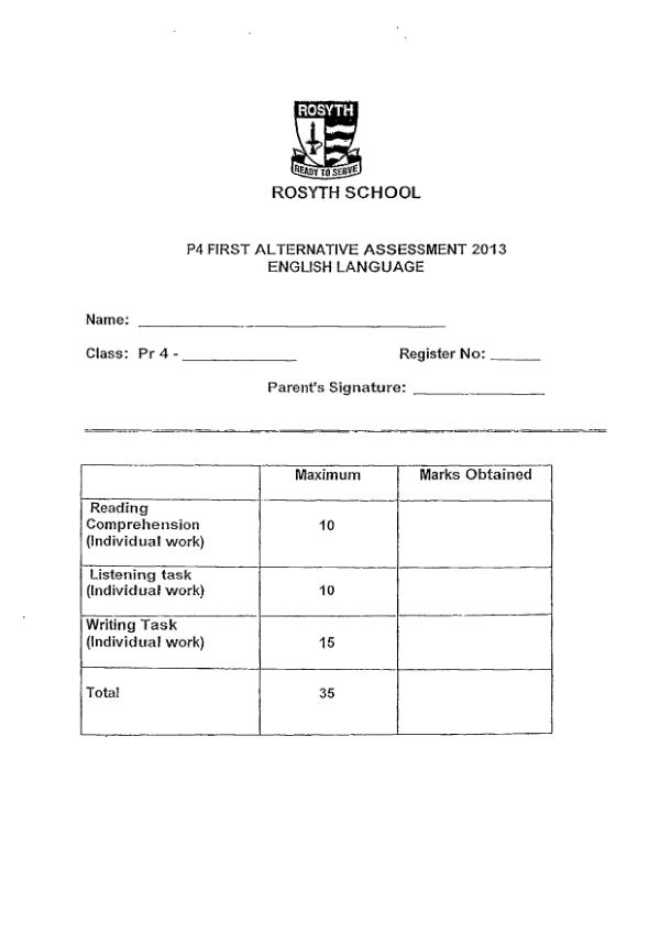 Rosyth P4 Eng WA1 2013 exam paper PDF preview