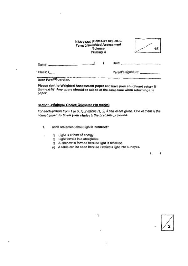 First page preview of P4 Sci 2024 WA2 — Nanyang