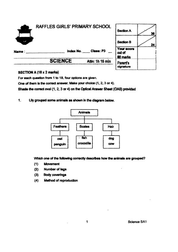 Raffles Girls P3 Sci WA2 2022 exam paper PDF first page preview