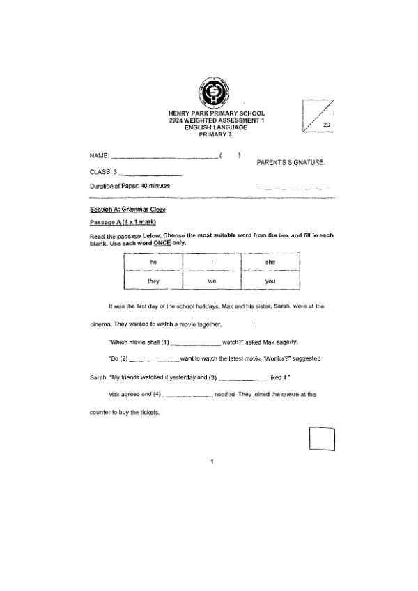 First page preview of P3 Eng 2024 WA1 — Henry Park