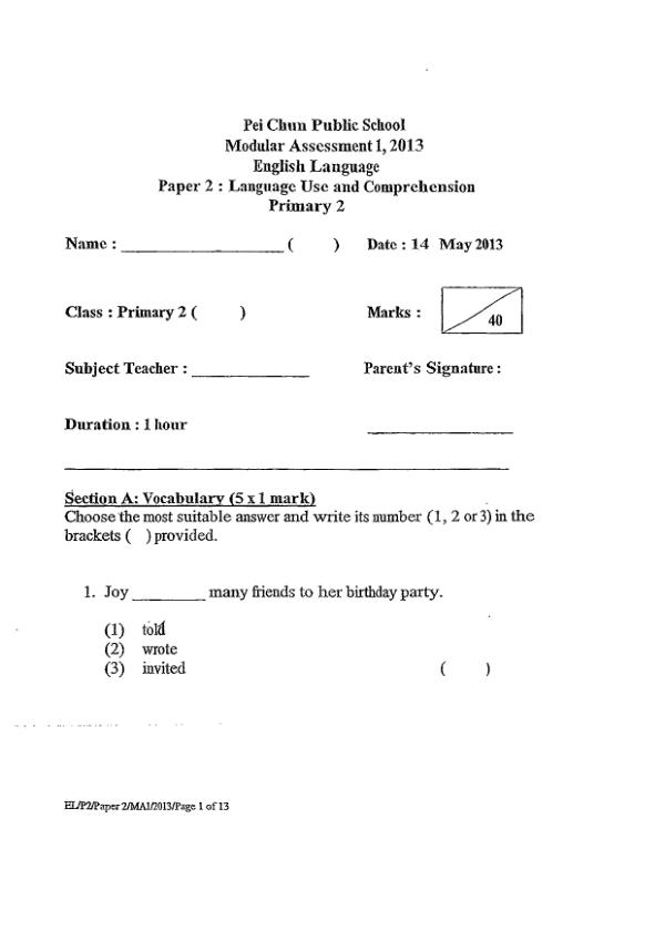 Pei Chun P2 Eng WA1 2013 exam paper PDF preview