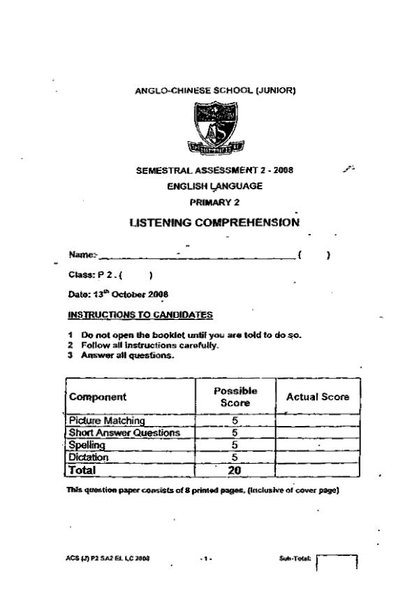 Anglo Chinese P2 Eng SA2 2008 exam paper PDF preview