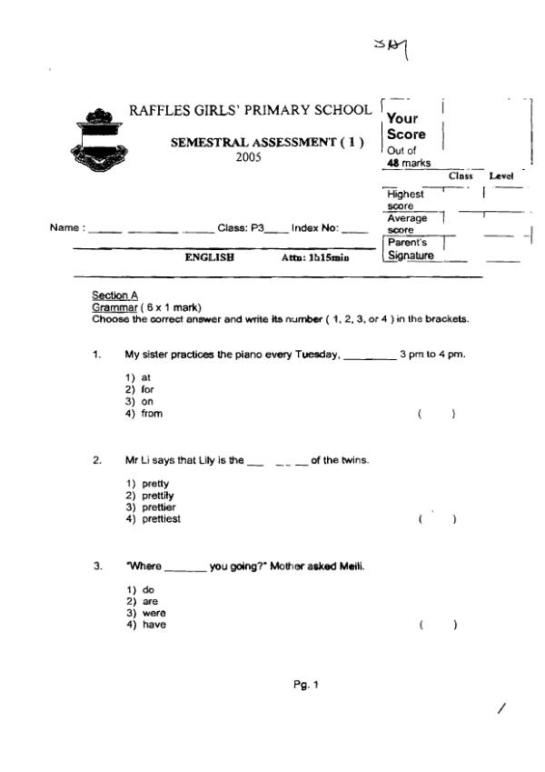 Raffles Girls P3 Eng WA2 2005 exam paper PDF preview