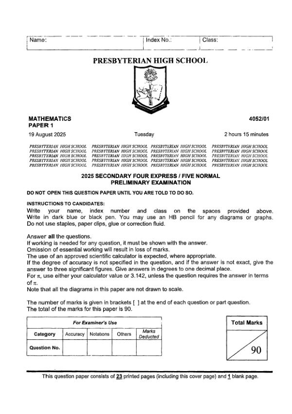 Presbyterian Sec4 E_Maths Prelim 2025 exam paper PDF preview