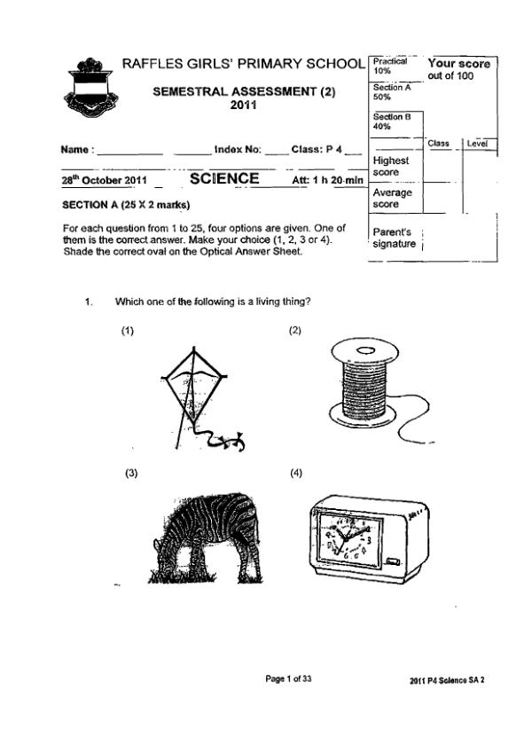 Raffles Girls P4 Sci SA2 2011 exam paper PDF preview