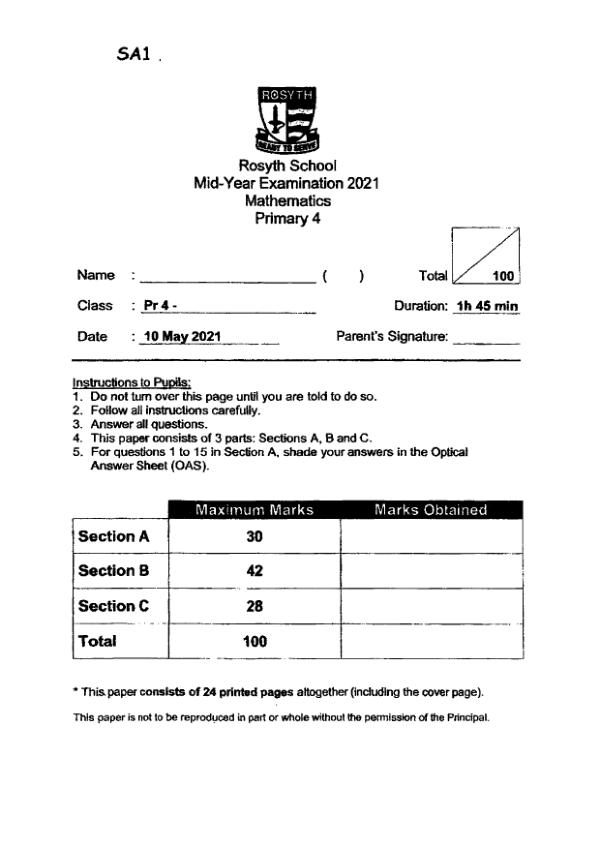 First page preview of P4 Math 2021 WA2 — Rosyth