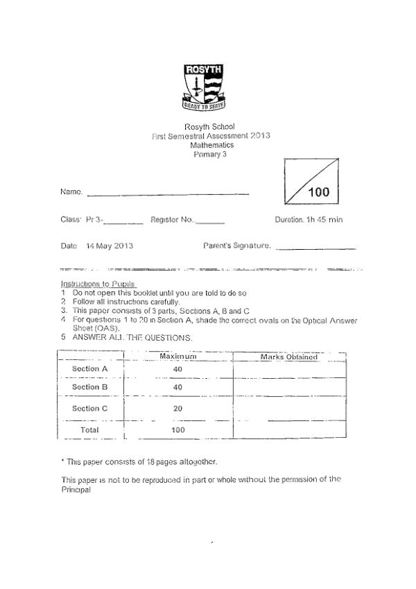 Rosyth P3 Math WA2 2013 exam paper PDF preview