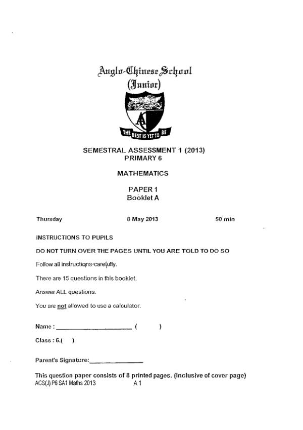 Anglo Chinese P6 Math WA2 2013 exam paper PDF first page preview