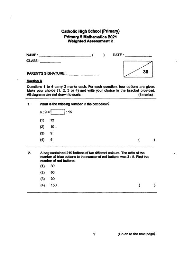 First page preview of P5 Math 2021 WA2 — Catholic High