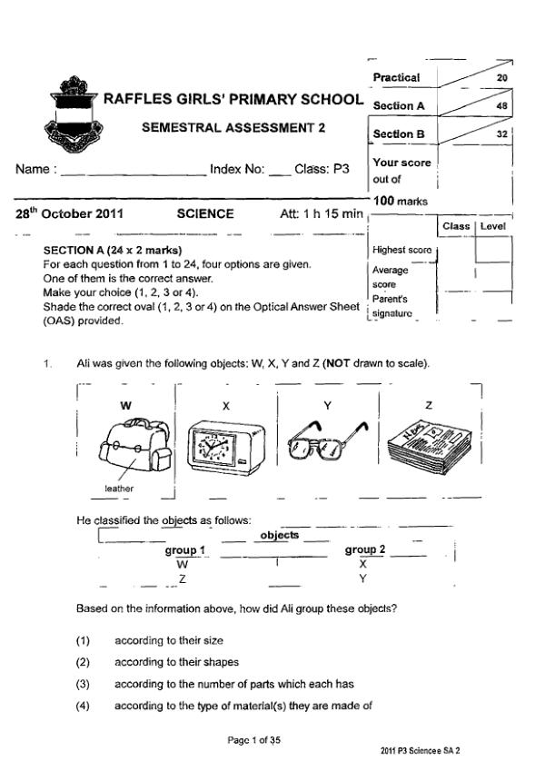 Raffles Girls P3 Sci SA2 2011 exam paper PDF preview