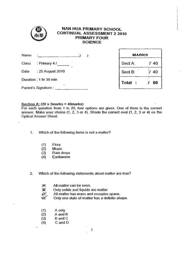 Nan Hua P4 Sci WA3 2010 exam paper PDF preview