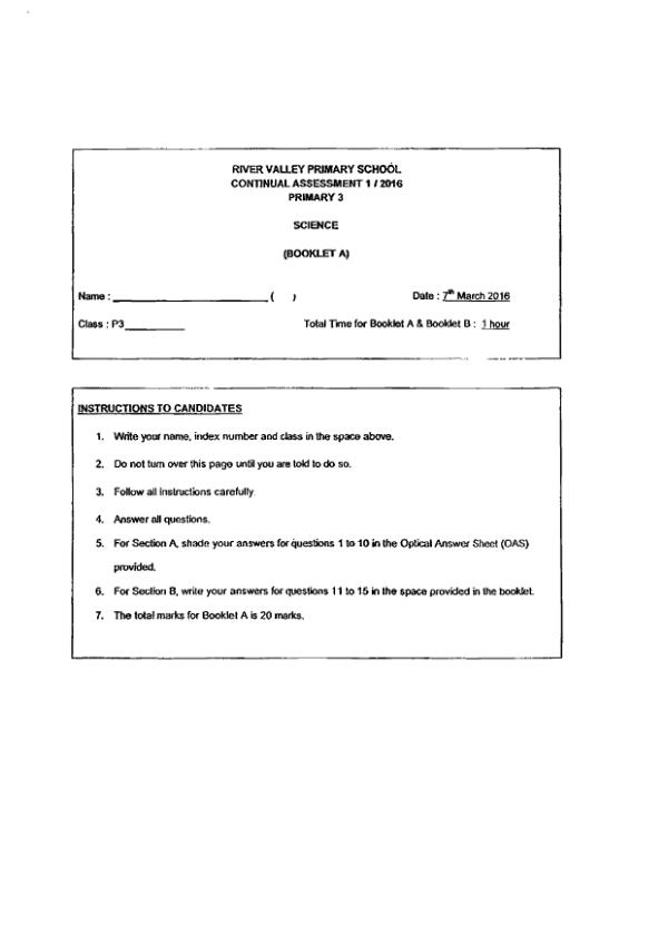River Valley P3 Sci WA1 2016 exam paper PDF preview