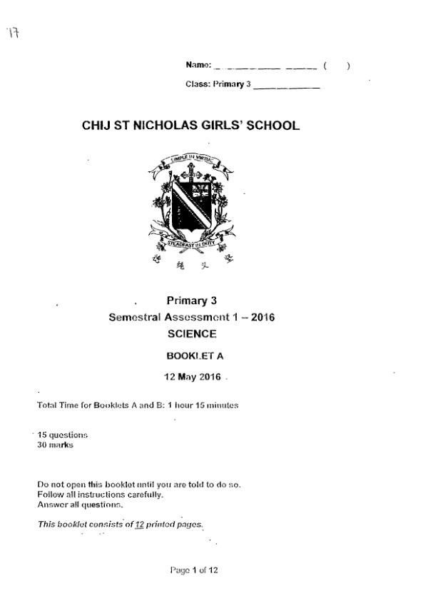 CHIJ P3 Sci WA2 2016 exam paper PDF first page preview
