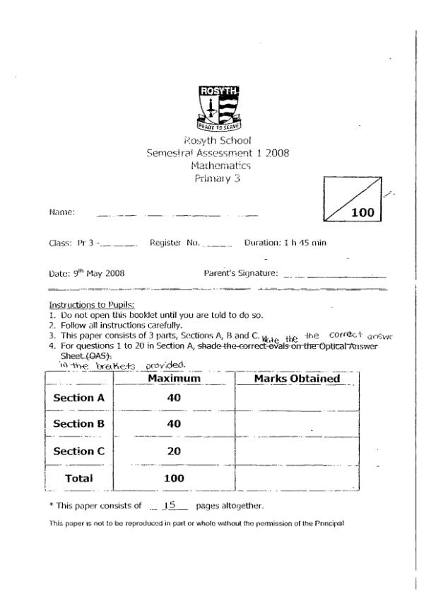 Rosyth P3 Math WA2 2008 exam paper PDF preview