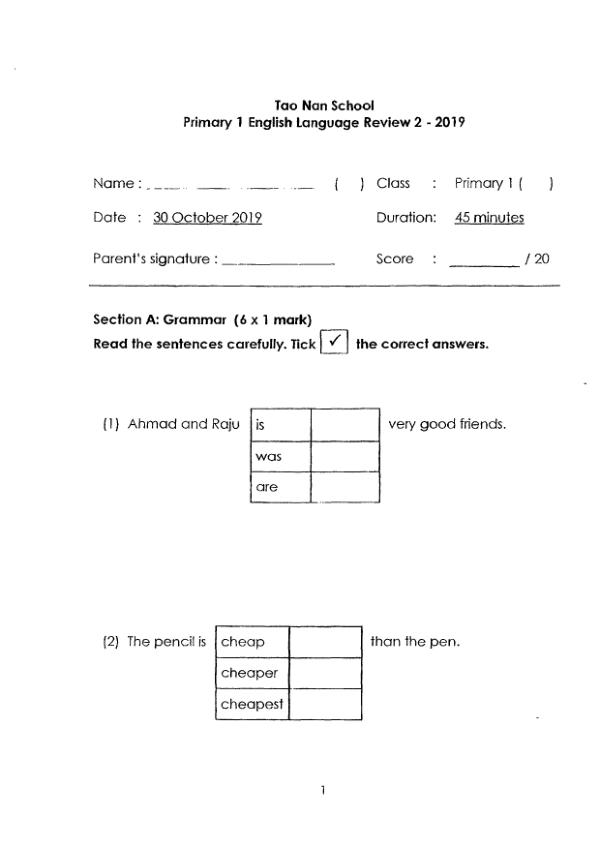 Tao Nan P1 Eng SA2 2019 exam paper PDF preview