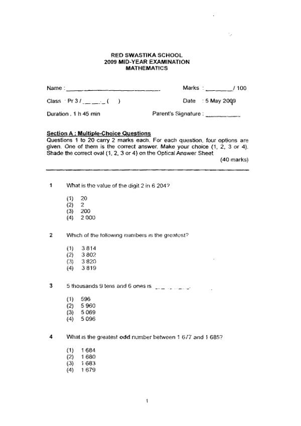 Red Swastika P3 Math WA2 2009 exam paper PDF preview
