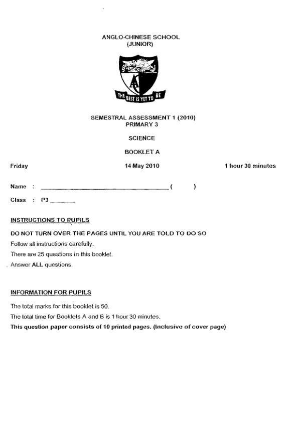Anglo Chinese P3 Sci WA2 2010 exam paper PDF first page preview