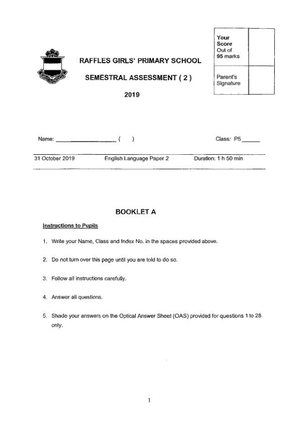 Raffles Girls P5 Eng SA2 2019 exam paper PDF preview