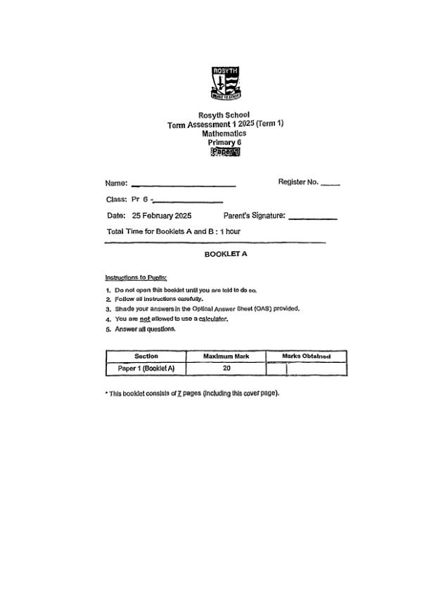 First page preview of P6 Math 2025 WA1 — Rosyth