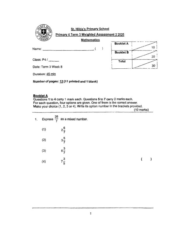 First page preview of P4 Math 2025 WA2 — St Hildas