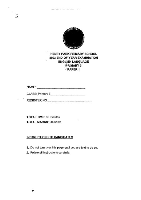 Henry Park P3 Eng SA2 2023 exam paper PDF first page preview