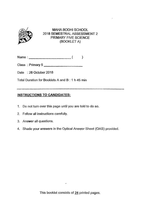 Maha Bodhi P5 Sci SA2 2018 exam paper PDF preview
