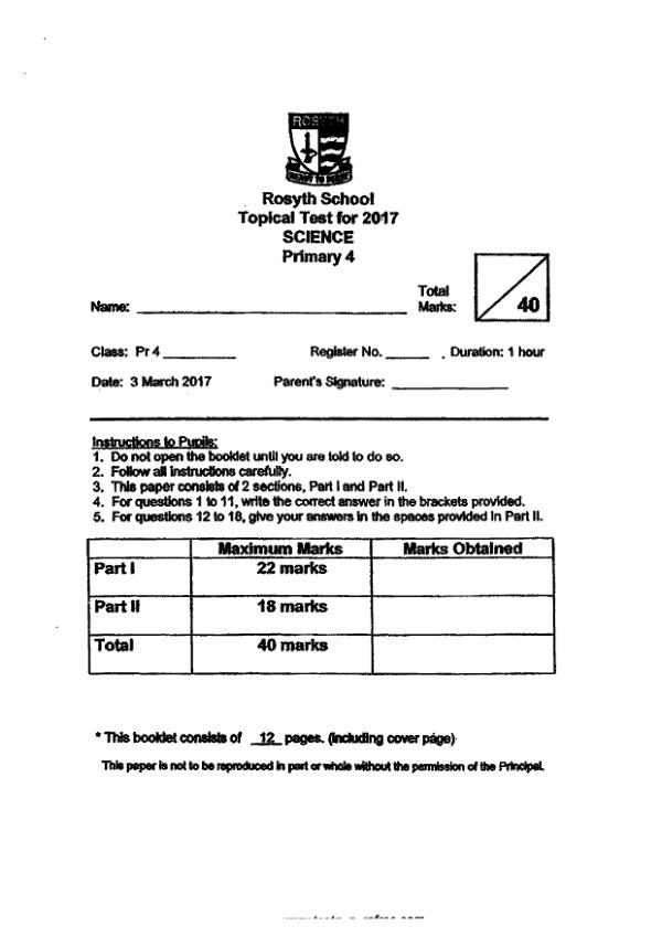Rosyth P4 Sci WA1 2017 exam paper PDF preview