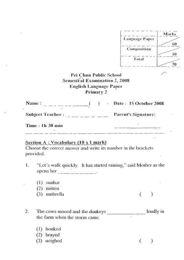 Pei Chun P2 Eng SA2 2008 exam paper PDF first page preview
