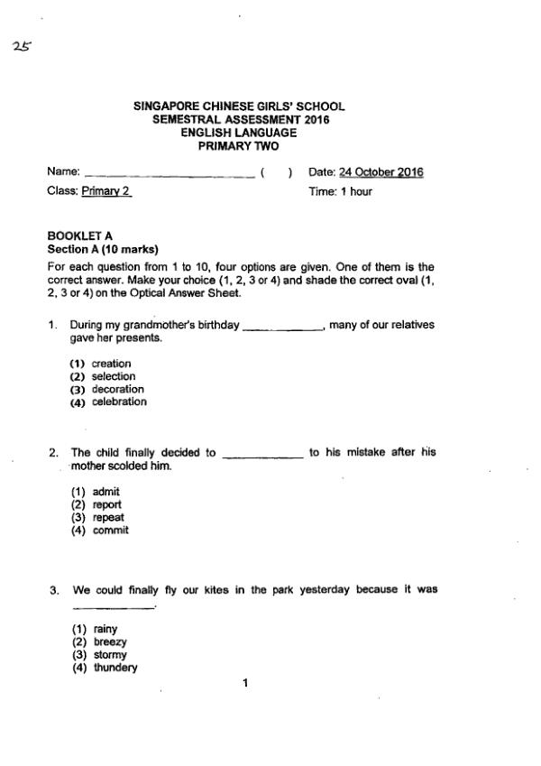 Singapore Chinese Girls P2 Eng SA2 2016 exam paper PDF first page preview