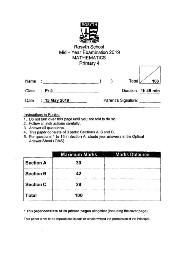First page preview of P4 Math 2019 WA2 — Rosyth