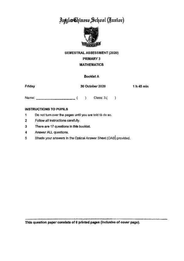 First page preview of P3 Math 2020 SA2 — Anglo Chinese