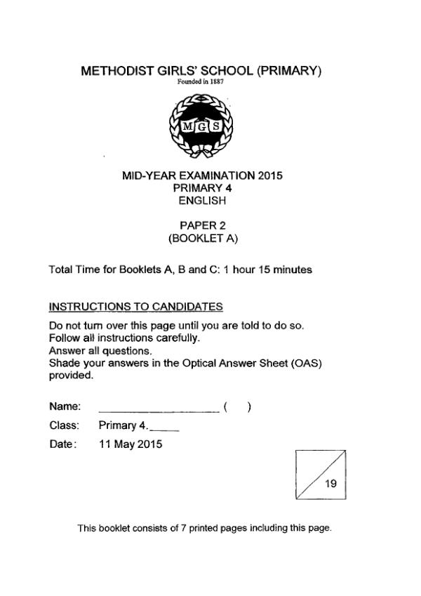 Methodist Girls P4 Eng WA2 2015 exam paper PDF first page preview
